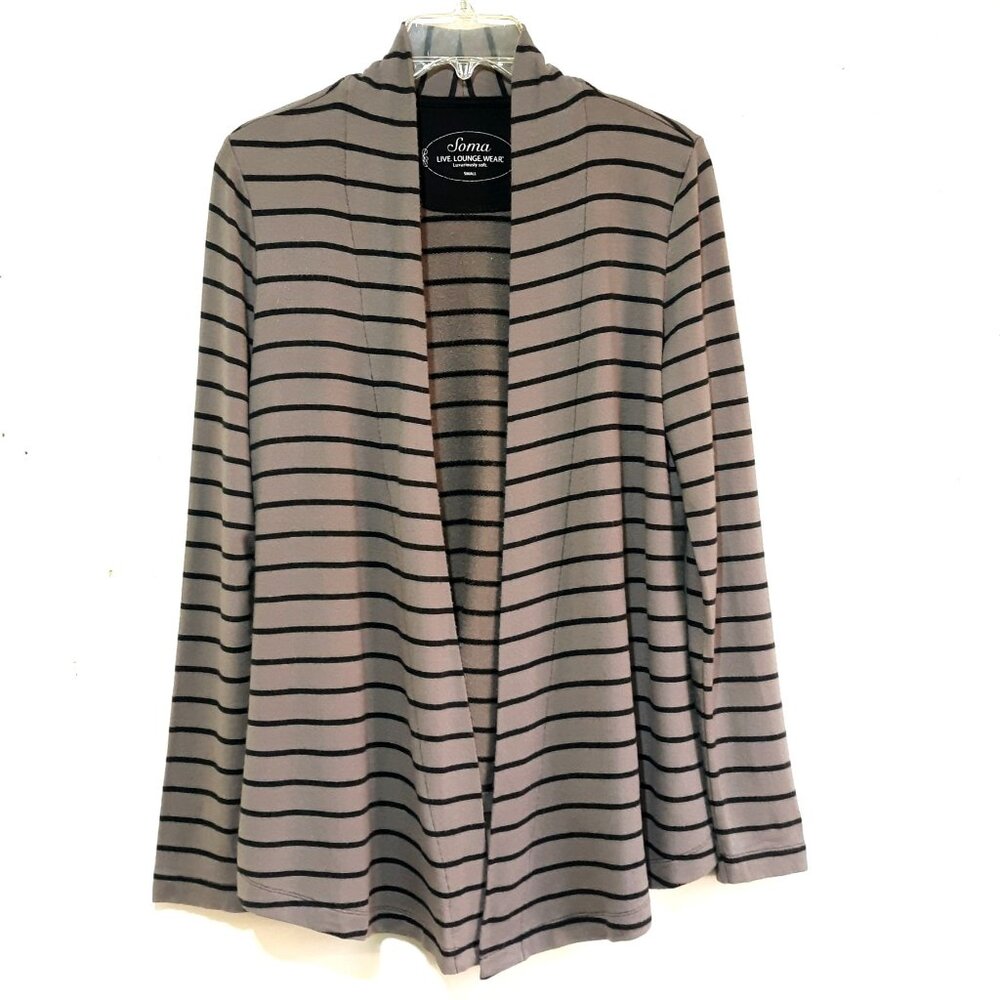 Soma Striped Open-Front Cardigan Small Gray & Black Modal/Spandex